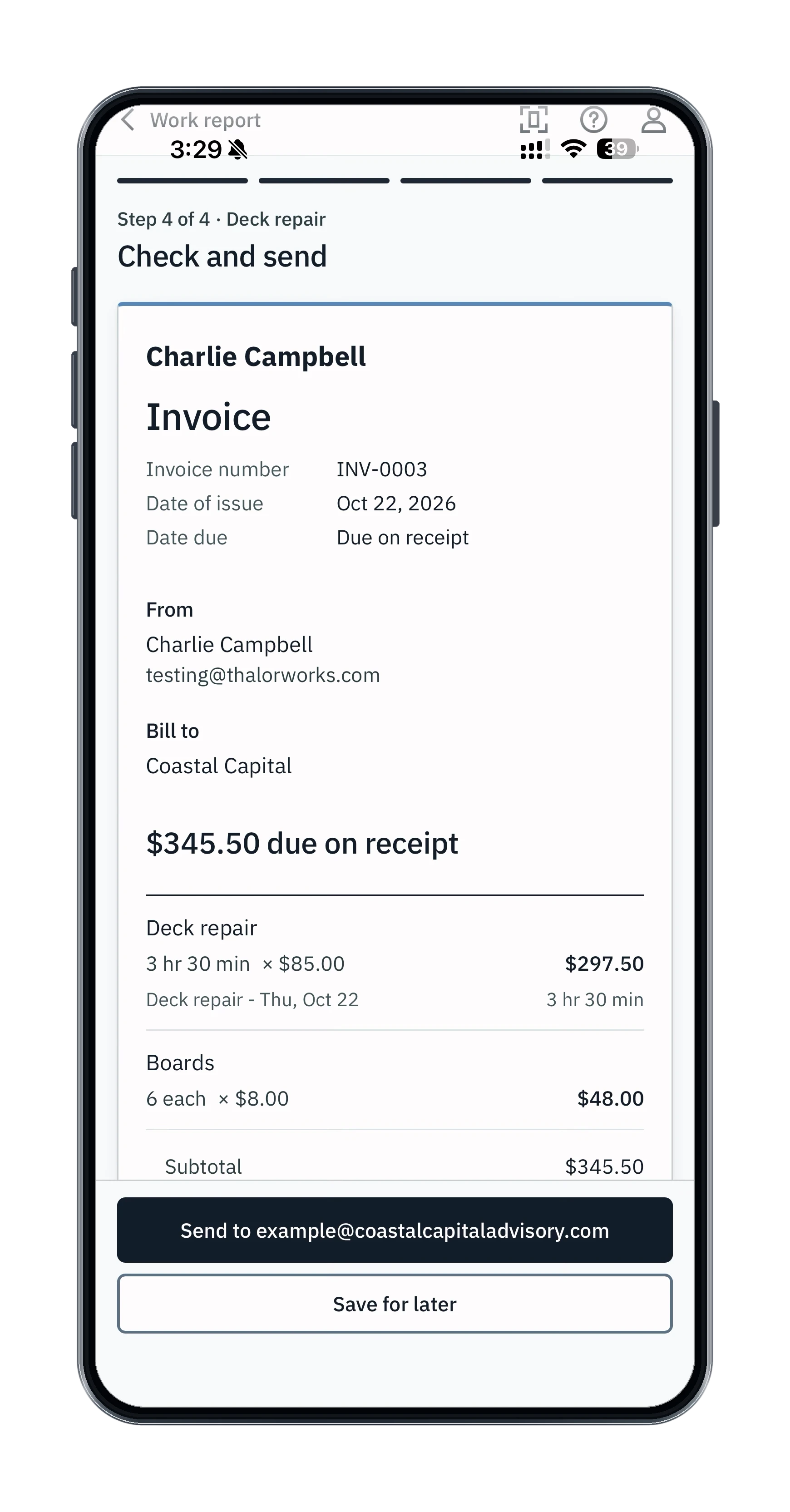 The Deck repair invoice in Check and send review, showing labor, boards and a $345.50 total before sending.